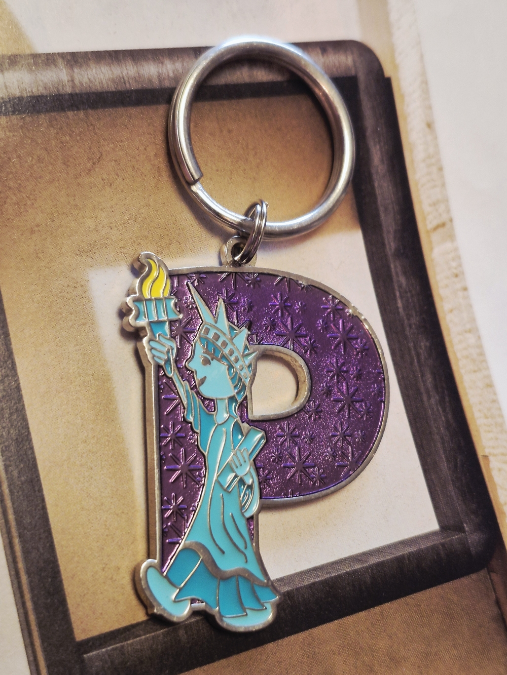 Statue of Liberty 'P' Enamel Keychain - Purple & Turquoise